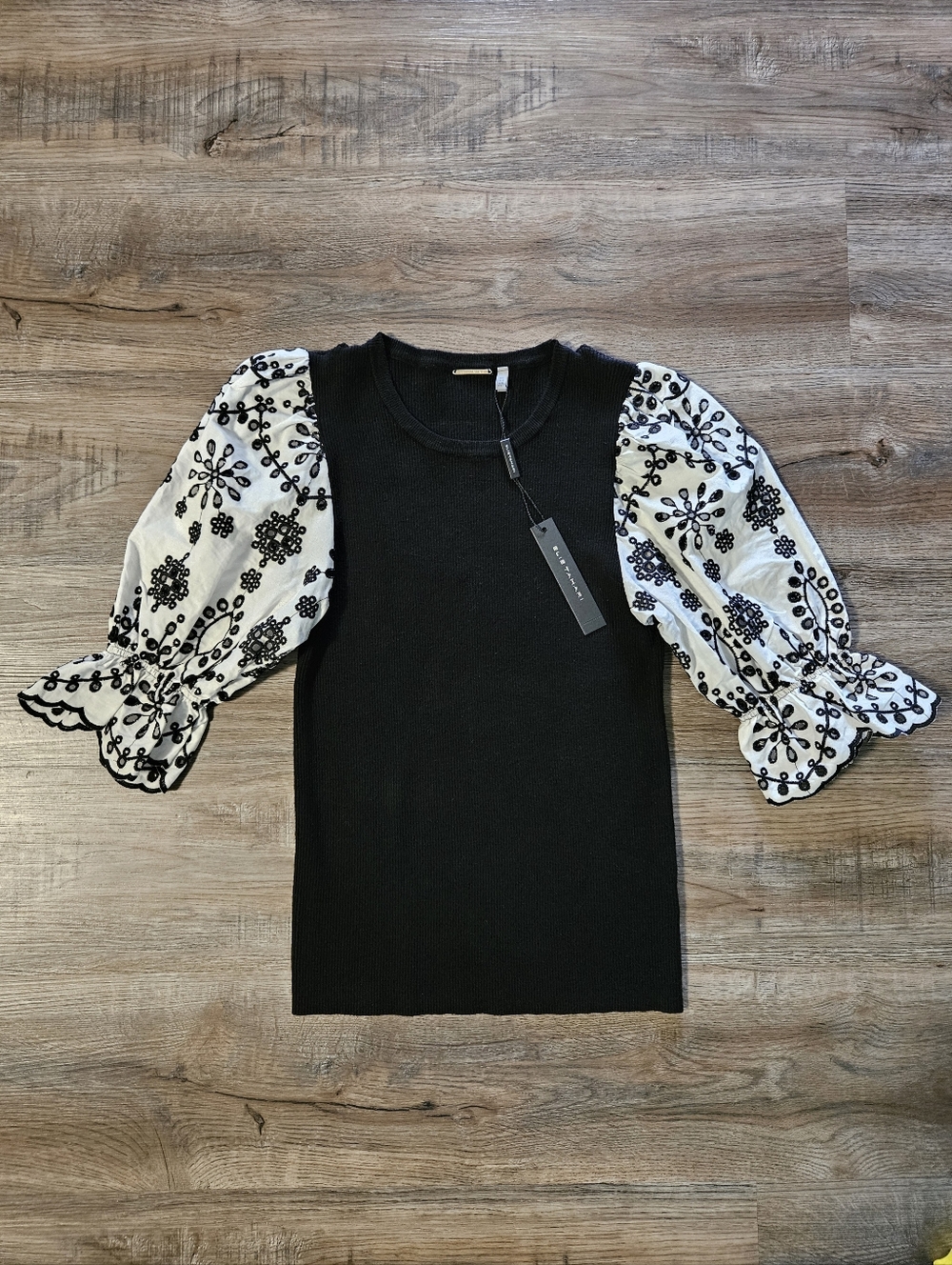 Elie Tahari Black Ribbed Top With Embroidered Floral Jacquard Contrast Sleeves
